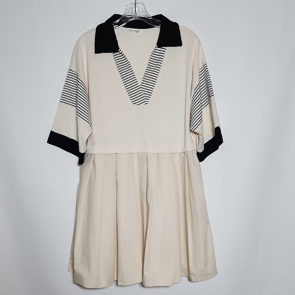 Cream and Black Polo-Style Skater Dress